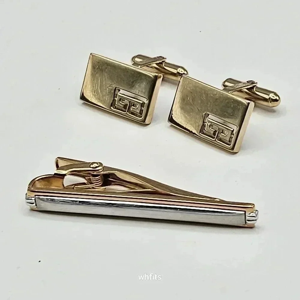 Givenchy Gold Tone Cufflinks and Tie Bar Set